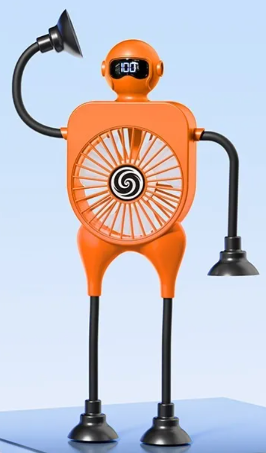 Orange Robot Fan with flexible arms and suction-cup feet against a pale blue background